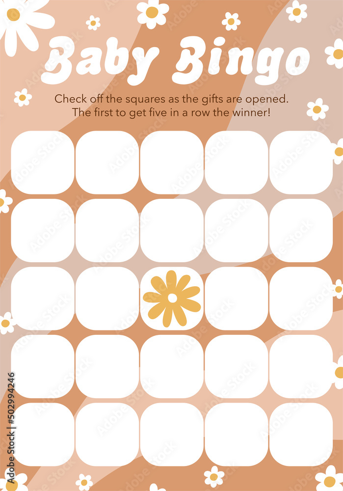 Baby Shower Bingo game template in groovy retro 70s cartoon style. Baby