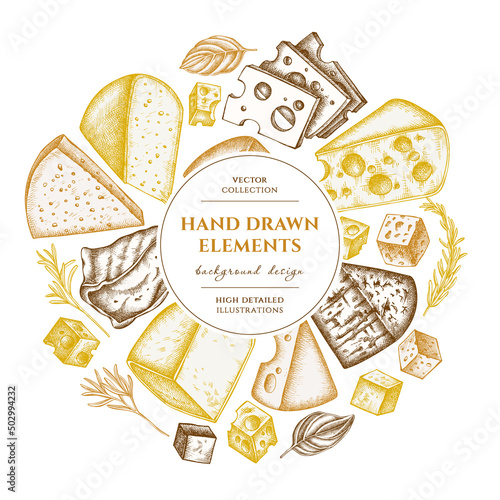 Cheese wreath design. Hand drawn brie, gouda cheese, roquefort, etc.