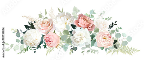 Stampa su tela Pale pink camellia, dusty rose, ivory white peony, carnation, nude pink ranuncul