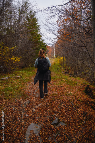 Back view of a young caucasian woman doing a trekking on a autumn landscape. © Aleix