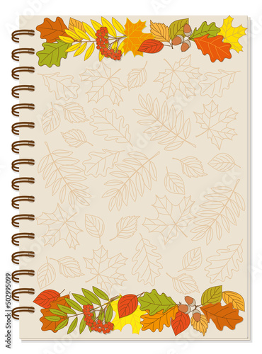 A5 school spiral notebook cover design with colorful autumn foliage