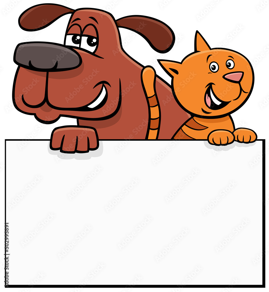 cartoon dog and cat with blank card graphic design