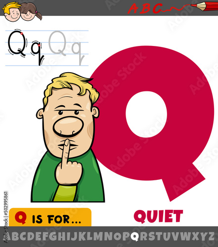 letter Q from alphabet with quiet word cartoon
