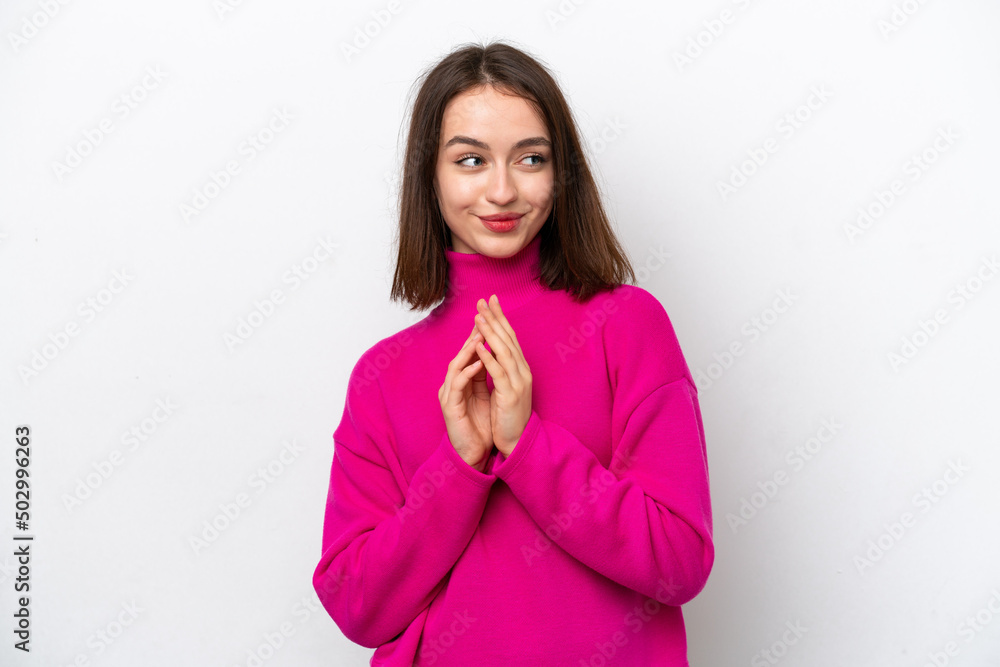 Young Ukrainian woman isolated on white background scheming something Young Ukrainian woman isolated on white background scheming something