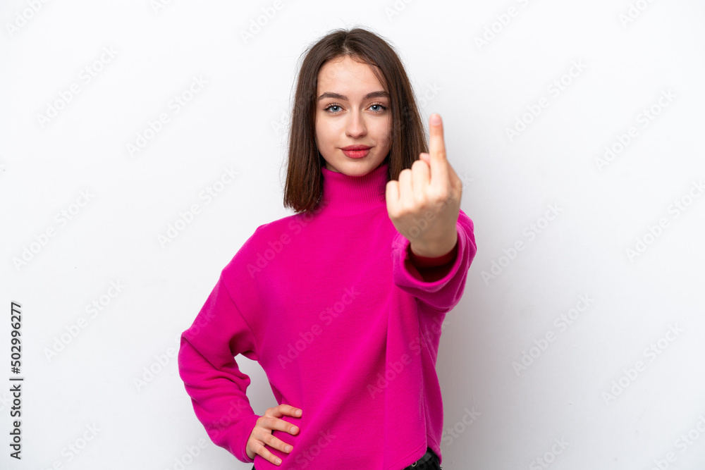 Young Ukrainian woman isolated on white background doing coming gesture Young Ukrainian woman isolated on white background doing coming gesture
