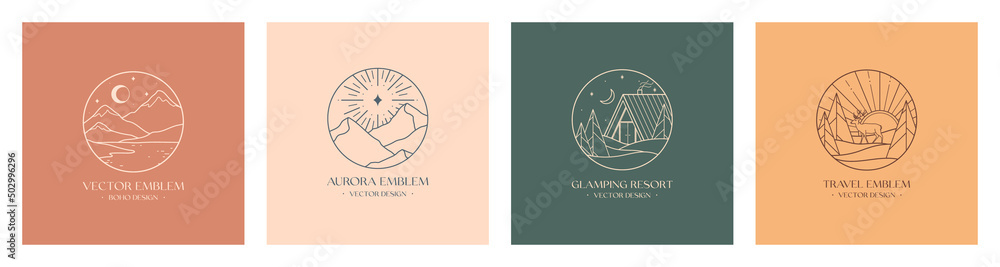 Vector linear glamping emblems with forest landscape,mountains,house or tent.Travel logos with deer,crescent moon,lake,sun and aurora.Modern hike,camp,nature reserve,outdoor recreation labels. - obrazy, fototapety, plakaty 