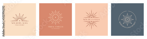Set of vector bohemian logo design templates with star,sun and sunburst.Modern celestial emblems.Branding boho design.Sol de la Vega means Sun of the Valley,Solar del Alma means Sun of the Soul.
