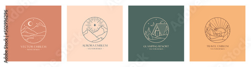 Vector linear glamping emblems with forest landscape,mountains,house or tent.Travel logos with deer,crescent moon,lake,sun and aurora.Modern hike,camp,nature reserve,outdoor recreation labels.