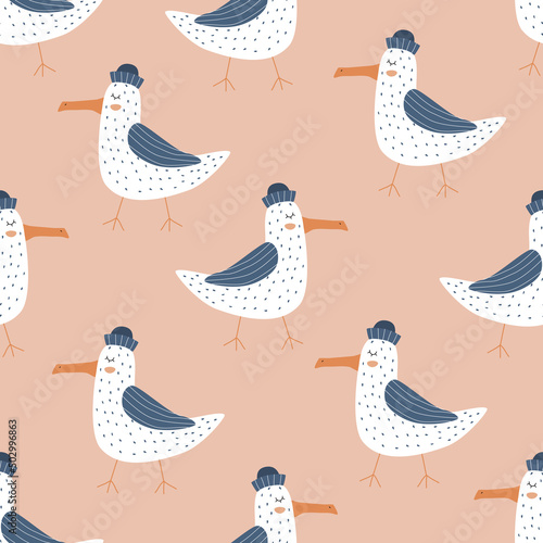 Adorable seagull in a sailor hat hand drawn vector illustration. Funny birds seamless pattern for kids fabric.	