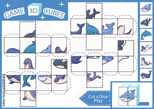 Child 3d paper craft. Cut and glue the cube with cute cartoon sea animals. Kids education actives worksheet and puzzle game.