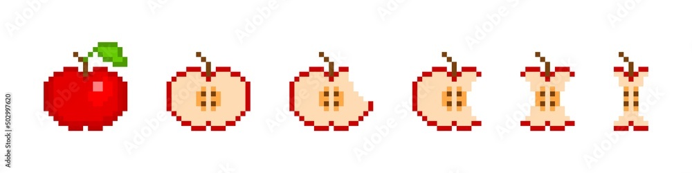 Obraz premium Pixel apple eating animation. Red 8bit fruit slowly disappears piece by piece and stalk remains. Stages of biting off parts and slices for vector game