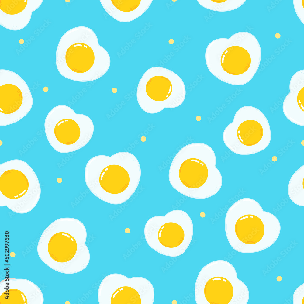 Cute funny fried egg blue pattern character. Vector hand drawn cartoon kawaii character illustration icon. Fried egg character concept Cute funny fried egg blue pattern character. Vector hand drawn cartoon kawaii character illustration icon. Fried egg character concept