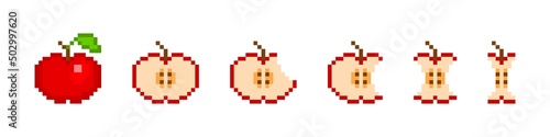 Pixel apple eating animation. Red 8bit fruit slowly disappears piece by piece and stalk remains. Stages of biting off parts and slices for vector game