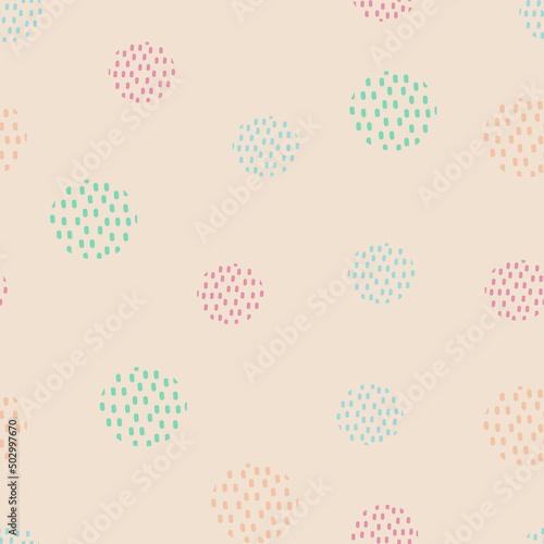 seamless pattern of abstract geometric shapes on a light orange background, pastel colors. pattern from dots for wallpapers, textiles, fabrics. cute colorful circles
