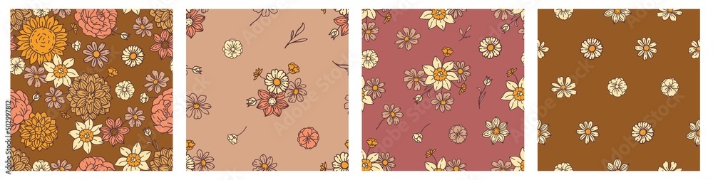Floral seamless pattern set. Boho style. Flower background for fabric, wallpaper, wrapping paper, scrapbooking layout