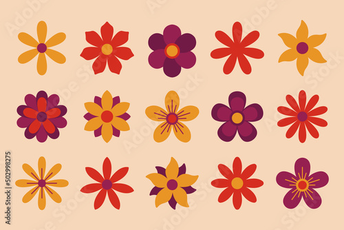 Retro 70s colorful vintage flowers. Geometric hippie floral collection.