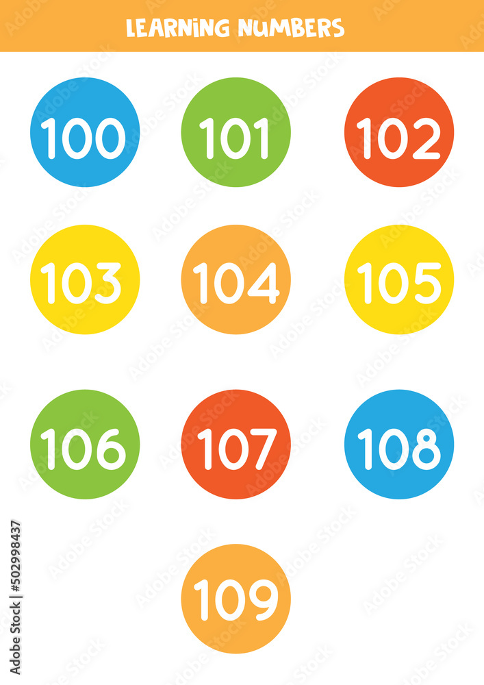 Learning numbers cards from 100 to 109. Colorful flashcards. Learning numbers cards from 100 to 109. Colorful flashcards.