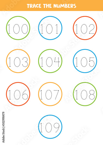 Tracing numbers from 100 to 109. Writing practice for kids.