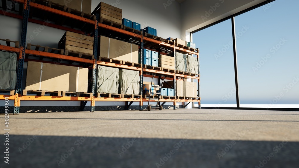 Warehouse or industry building interior. known as distribution center, retail warehouse. Part of storage and shipping system. Included box package on shelf, empty space and concrete floor. 3d render.