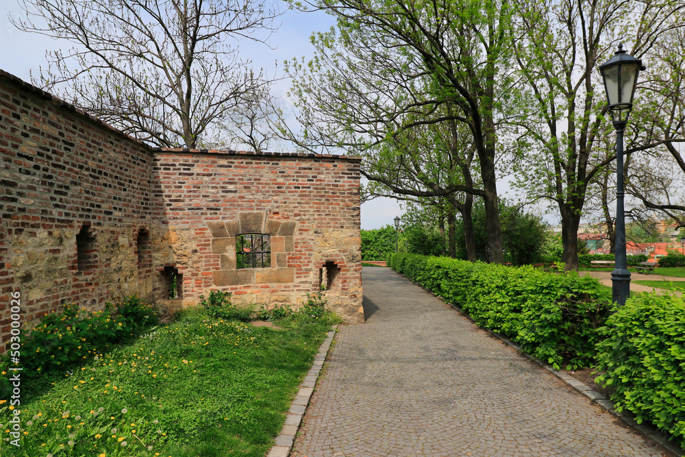 Part of fortification with loophole in spring day. Vysehrad. Czech Republic. Prague. Part of fortification with loophole in spring day. Vysehrad. Czech Republic. Prague.