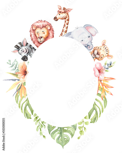 Africa animal watercolor clipart and jungle element images. A giraffe, elephant, lion, zebra, leopard with tropical flower in frame clipping path isolated on white background.