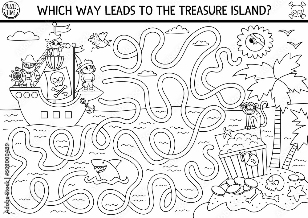 Pirate black and white maze for kids with marine landscape, ship, treasure island. Treasure hunt preschool printable activity with chest, coins, shark. Sea adventures coloring labyrinth.