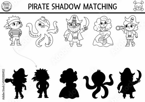 Pirate black and white shadow matching activity. Treasure island hunt line puzzle with cute pirates, mermaid, octopus. Find correct silhouette worksheet. Sea adventures coloring page for kids.
