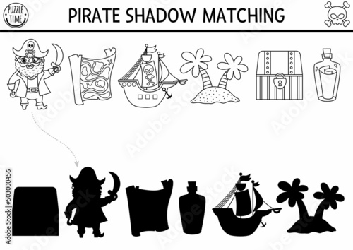 Pirate black and white shadow matching activity. Treasure island hunt line puzzle with cute pirate, map, ship, island, chest. Find correct silhouette worksheet. Sea adventures coloring page for kids.