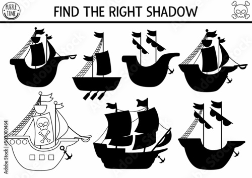 Pirate black and white shadow matching activity. Treasure island hunt line puzzle with pirate ships. Find correct silhouette worksheet. Sea adventures coloring page for kids with boat and sails