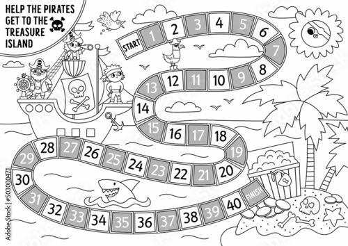 Pirate black and white dice board game for children with cute pirate ship hunting treasure. Treasure island hunt boardgame with pirates, chest.  Sea adventures printable coloring page.