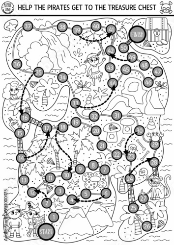 Pirate black and white dice board game for children with cute kids pirates hunting treasure. Treasure island hunt boardgame with volcano, waterfall, animals.  Sea adventures printable coloring page.