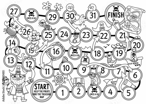 Pirate black and white dice board game for children with cute pirate. Treasure hunt line boardgame with animals, ship.  Sea adventures printable coloring page. Help the pirate find the treasure map.