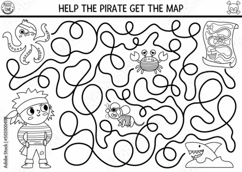 Pirate black and white maze for kids. Treasure hunt preschool printable activity with cute raider captain, octopus, rat, shark, crab. Sea adventures coloring labyrinth game. Help pirate get map.
