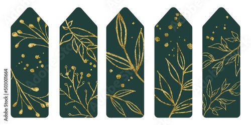 Vector illustration Set of five bookmarks decorated with botanical art texture with glitter. Bookmarks with modern creative design with glitter printable template on green background