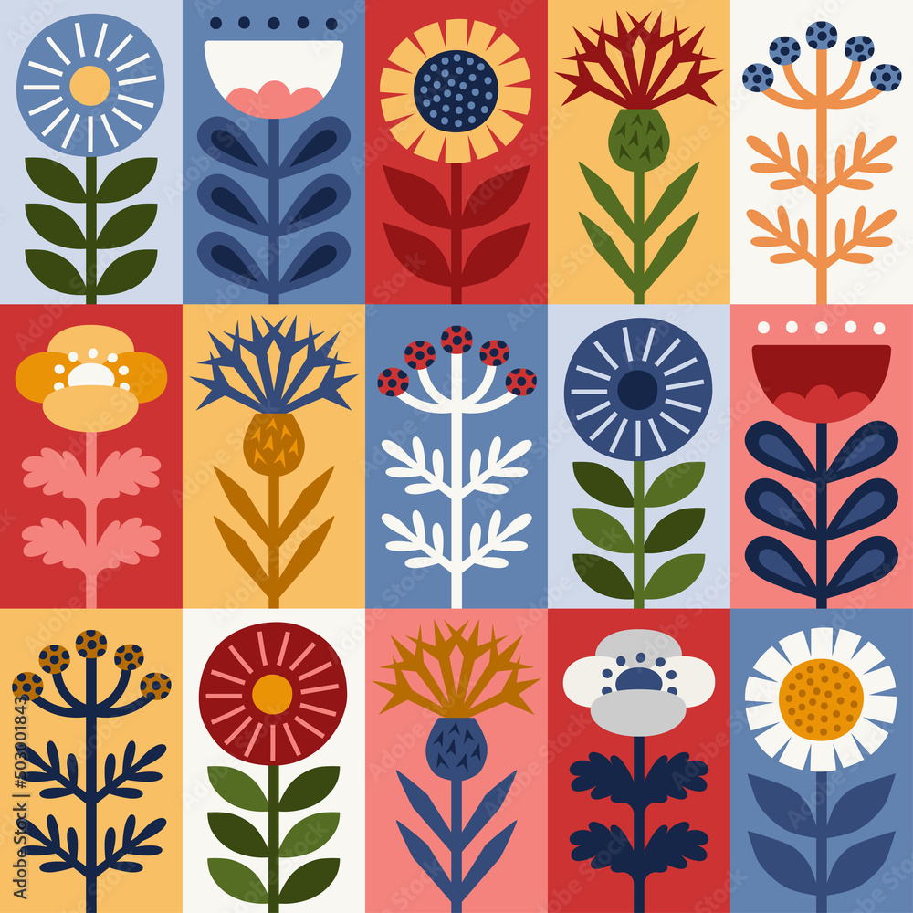 Scandinavian style floral rectangular summer vector pattern. Part five.