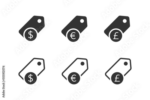 Tag price icon set. Sale icons with dollar, euro and pound symbols. Vector illustration.