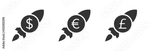 Currency rate increase icon. Rocket with dollar, euro and poun symbols. Vector illustration.