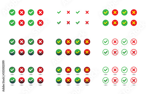 Set of check mark and X mark icons. Validation buttons collection. Vector illustration.
