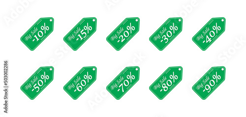 Big Sale label icon set. Green price tag label collection with percentage for sale. Vector illustration.