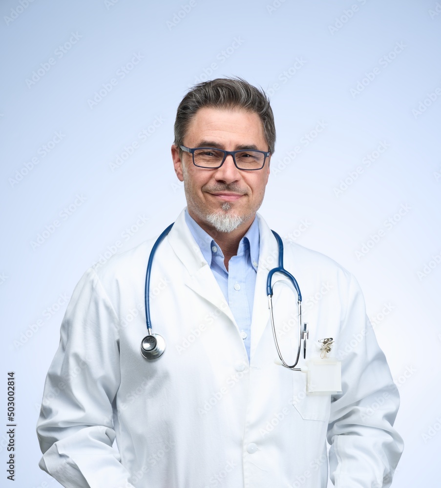 Middle age doctor in lab coat. Friendly physician, general practitioner. Mid adult, mature age man, happy smiling. Portrait isolated on white. Middle age doctor in lab coat. Friendly physician, general practitioner. Mid adult, mature age man, happy smiling. Portrait isolated on white.