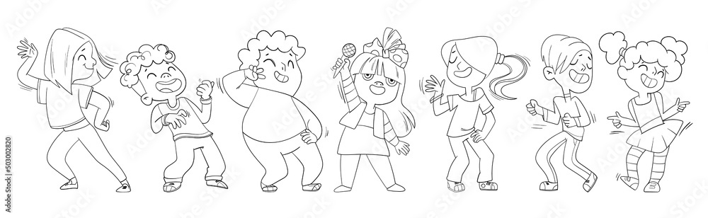 Dancing kids. Cartoon characters. Funny vector illustration. Black and white. Isolated on white background. Seamless panorama. Set Dancing kids. Cartoon characters. Funny vector illustration. Black and white. Isolated on white background. Seamless panorama. Set