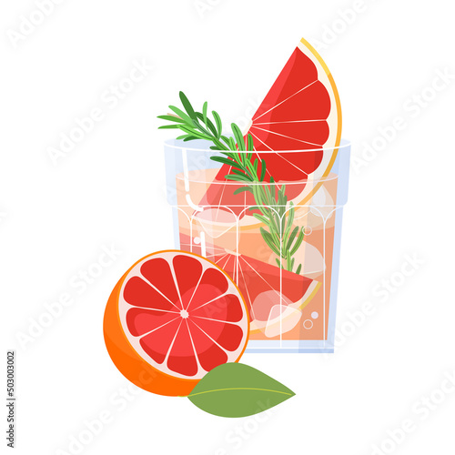 Rosemary greyhound cocktail vector with grapefruit isolated on white background. Spring, summer alcohol drink flat illustration