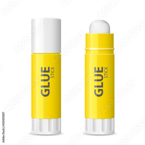 Glue stick with lid open and closed, school and office glue barrel isolated on background, vector
