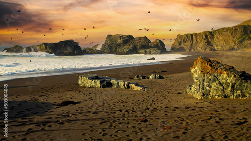 Beautiful scenic secluded black lava sand beach bay, stone rocks, red evening sky clouds, flock of birds, waves surf  - Cobquecura Piedra De La Loberia, Chile, Pacific coast photo