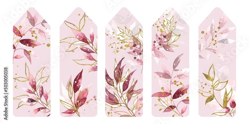 Vector illustration Set of five bookmarks decorated with botanical art texture. Bookmarks with modern creative design with glitter printable template on pink background. Watercolor texture