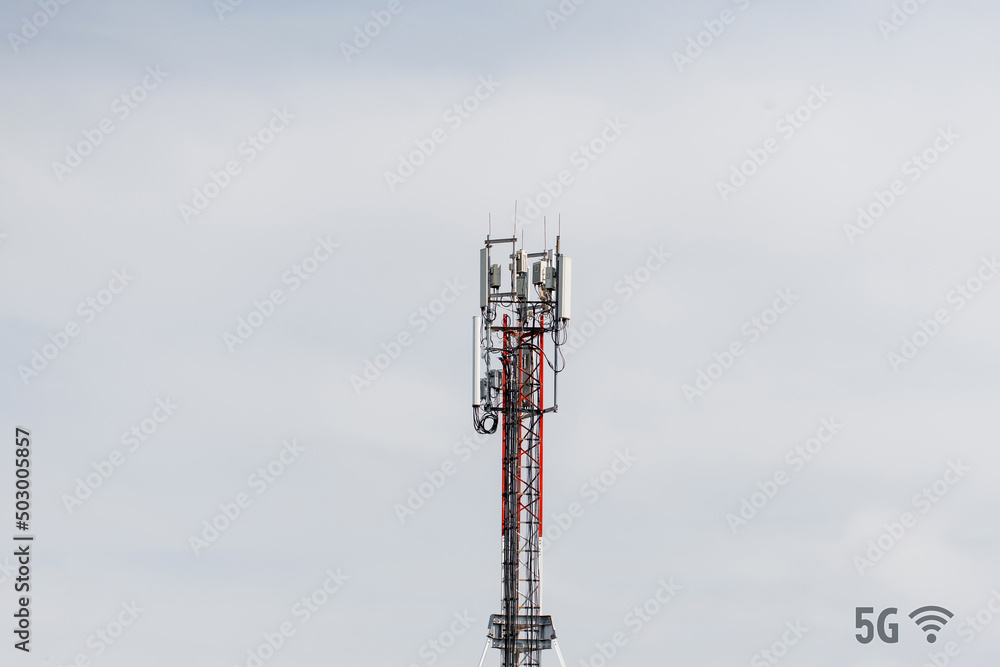 Telecommunication tower with 4G, 5G transmitters. concept of radio emission and harm to health