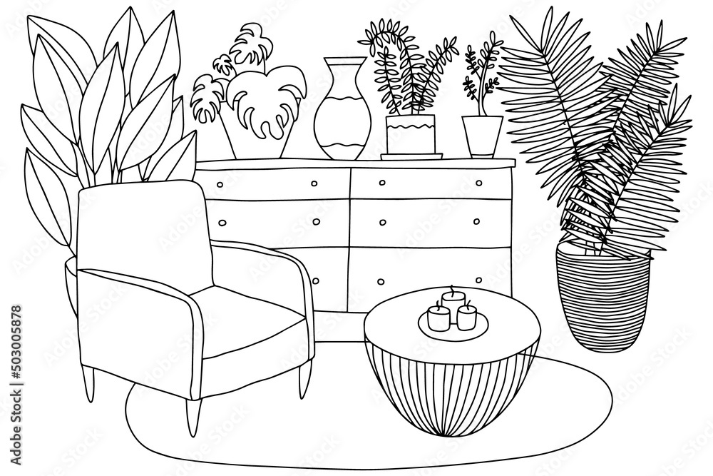 Living room interior coloring page. Cozy vector interior design living