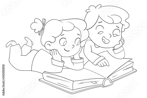 Bedtime story. Brother and sister read a book of fairy tales before going to bed. Black and white cartoon characters. Funny vector illustration. Isolated on white background