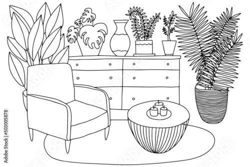 Living room interior coloring page. Cozy vector interior design living room. Coloring page for children and adults