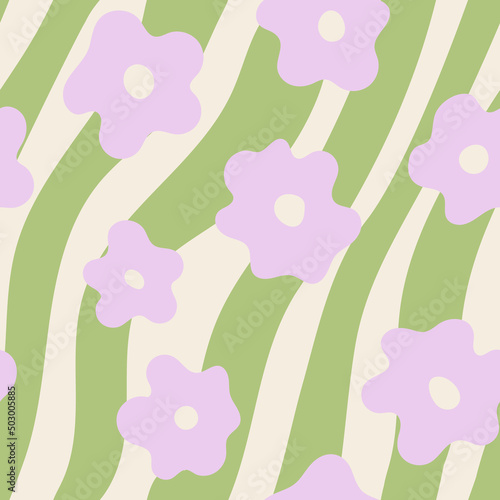 Abstract wavy seamless pattern with cute daisy flowers and lines. Blossom spring backdrop. Trendy retro psychedelic background in 90s, 00s style. 
